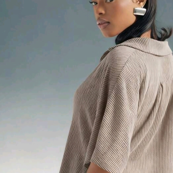 SHEIN Brown Deep Vneck Ribbed Collared Tunic Top - Picture 2 of 7